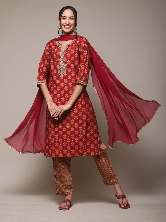 Biba Floral Printed Regular Gotta Patti Kurta With Trousers & Dupatta