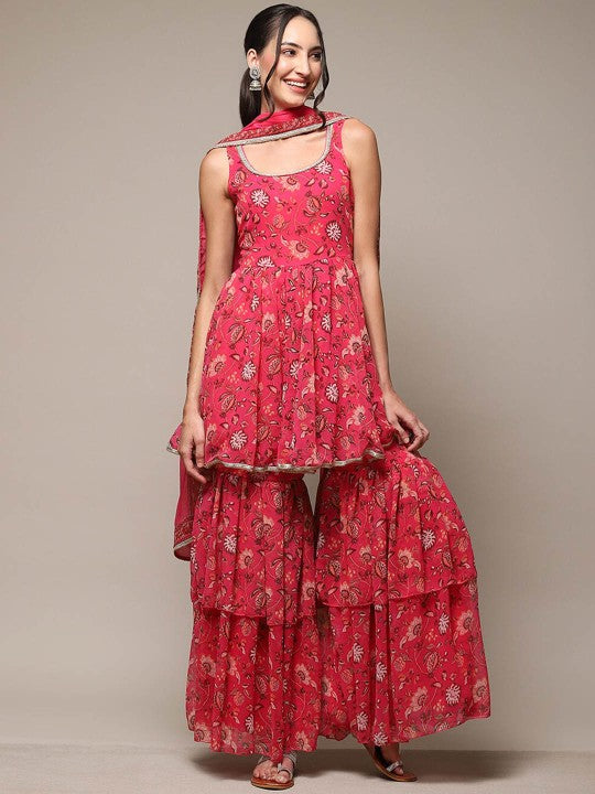 Biba Floral Printed Gotta Patti Work A-line Kurti with Sharara & Dupatta