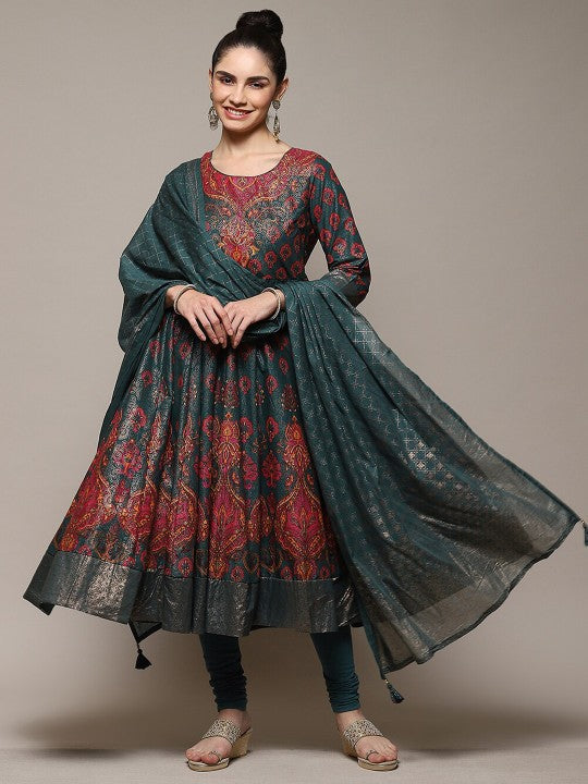 Biba Ethnic Motifs Printed Round Neck Kurta with Churidar & With Dupatta