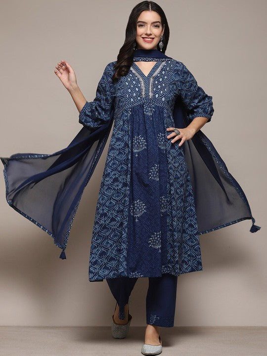 Biba Ethnic Motifs Printed Sequinned A-Line Kurta with Palazzos & With Dupatta