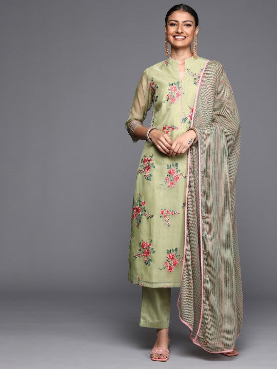 Biba Women Olive Green & Pink Ethnic Motifs Embroidered Kurta with Trousers & Dupatta