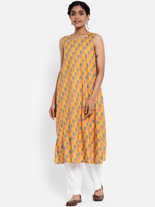 Fabindia Women Yellow & Blue Geometric Printed Cotton Kurta