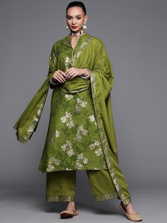 Biba Women Green Ethnic Motifs Embroidered Pure Cotton Kurta with Palazzos & With Dupatta