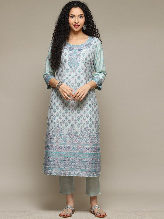 Biba Ethnic Motifs Printed Kurta With Trousers & Dupatta - Blue & Green