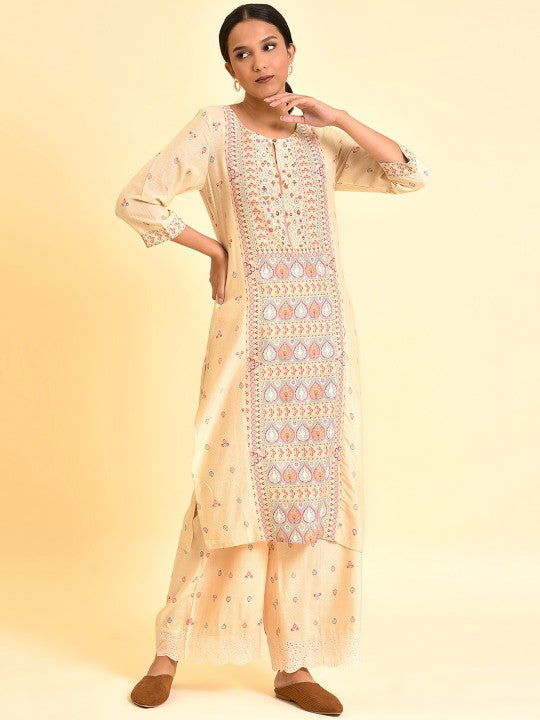 W Ethnic Motifs Printed Keyhole Neck Regular Kurta With Palazzos