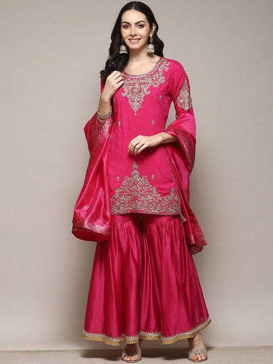 Biba Ethnic Motifs Embroidered Thread Work Detailed Straight Kurta & Sharara with Dupatta - Fuchsia & Gold