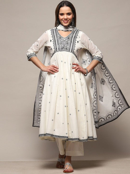 Biba Floral Embroidered Regular Thread Work Pure Cotton Kurta with Palazzos & Dupatta