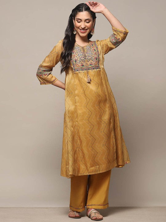 Biba Ethnic Motifs Printed Thread Work Kurta With Palazzo