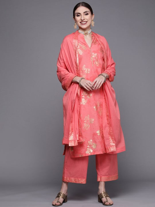 Biba Women Peach-Coloured & Golden Floral Printed Pure Cotton Kurta Set