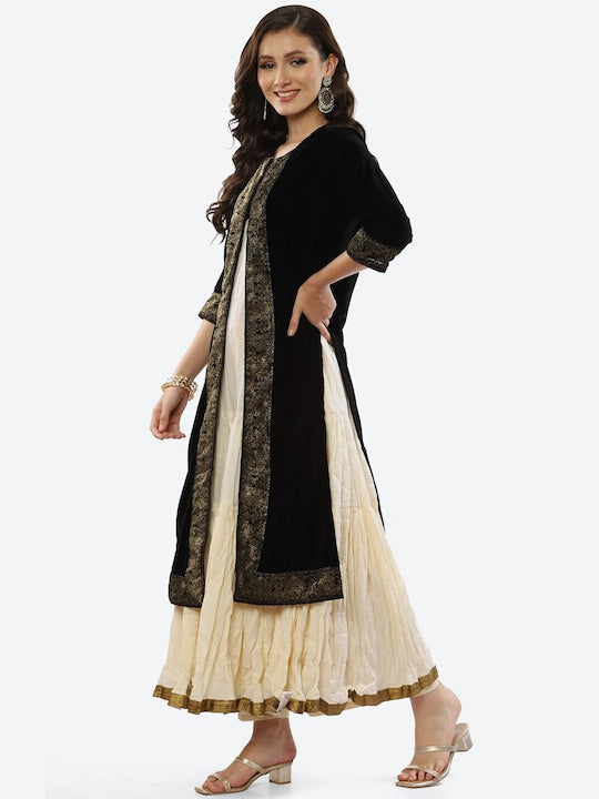 Biba Women Black & Gold-Toned Ethnic Motifs Velvet Anarkali Kurta