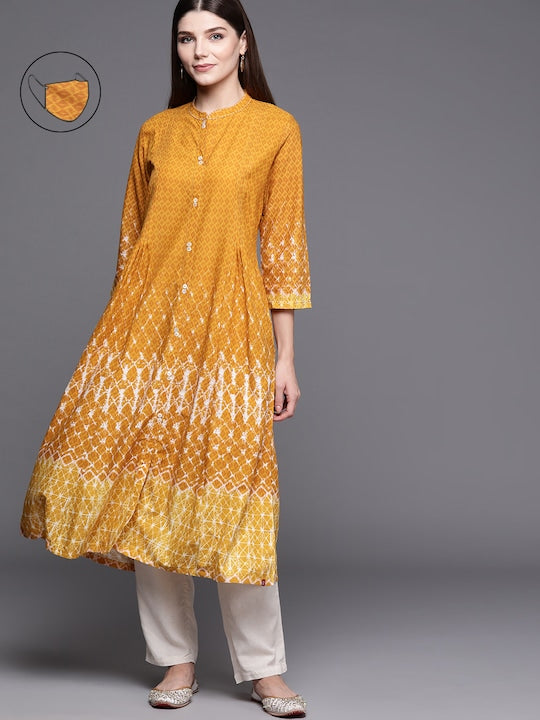 Biba Women Mustard Yellow & White Geometric Dyed Gathered A-line Kurta with Mask