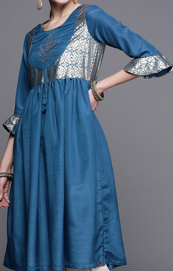 Biba Women Teal Blue & Golden Ethnic Motifs Yoke Design A-Line Kurta
