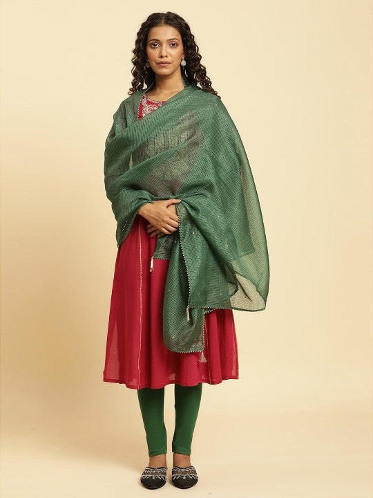 W Sequinned Dupatta - Green & Gold