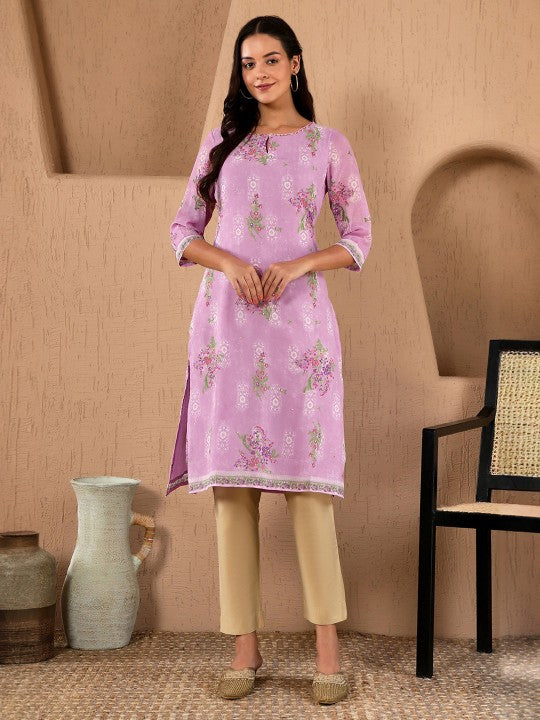 W Festive Floral Print Georgette Straight Kurta