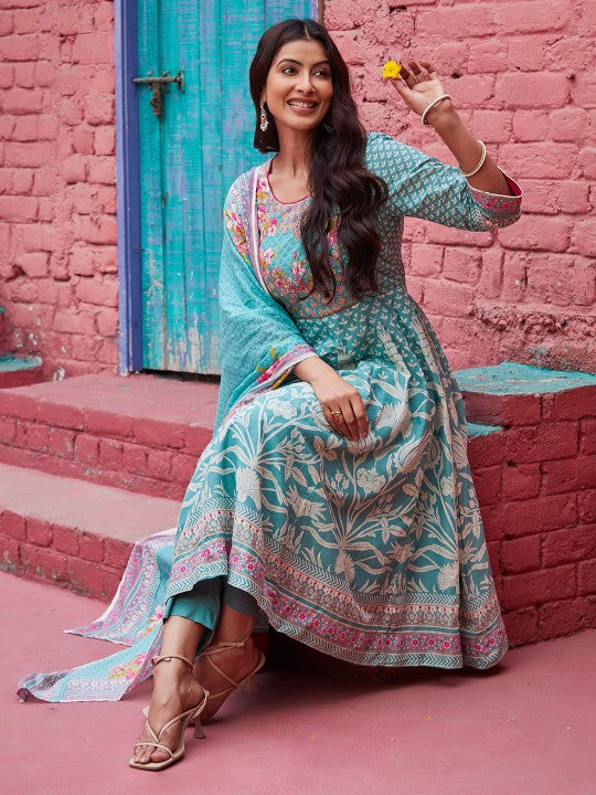 Biba Floral Printed Pure Cotton Kurta With Palazzos & Dupatta