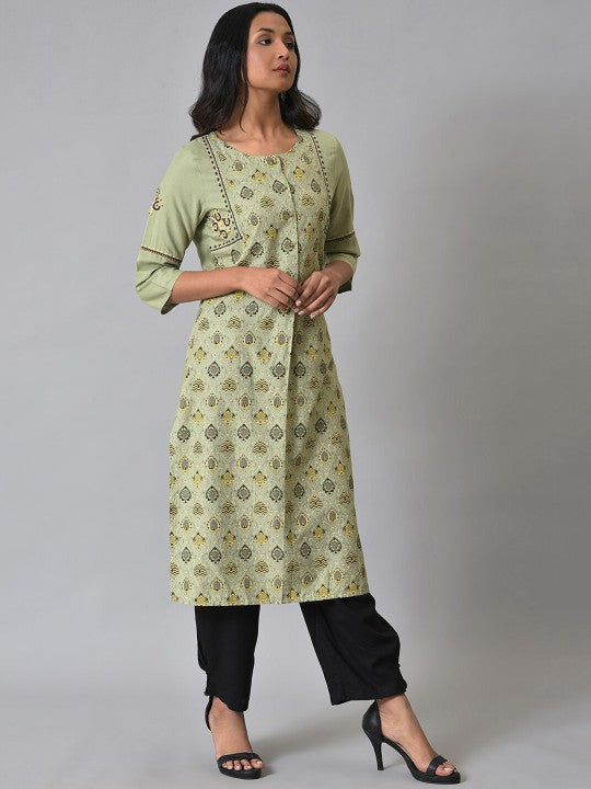 W Ethnic Motifs Printed Thread Work Straight Kurta with Trousers - Green, Black & Yellow