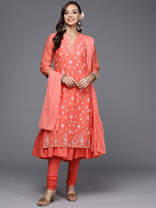 Biba Women Coral Pink Floral Printed Empire Sequinned Kurta with Churidar & With Dupatta