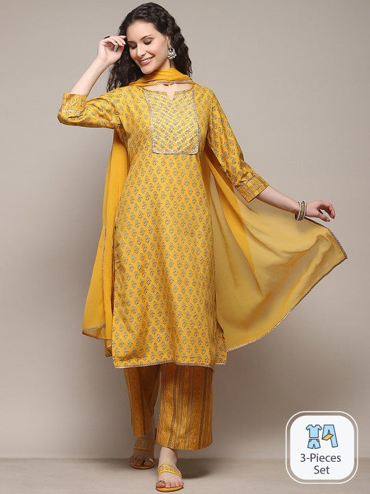 Biba Ethnic Motifs Printed Straight Kurta With Palazzos & Dupatta - Mustard & Yellow