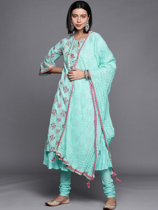 Biba Women Turquoise Blue & Pink Ethnic Printed Pure Cotton Kurta with Trousers & Dupatta