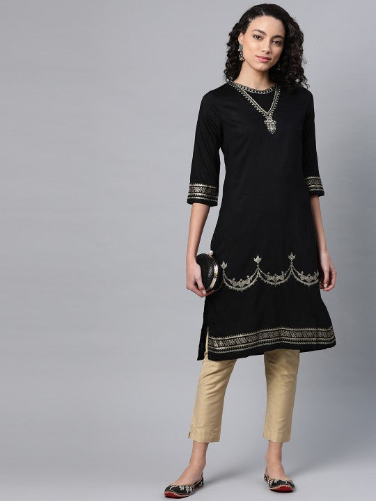W Women Black & Golden Printed Round Neck Straight Kurta