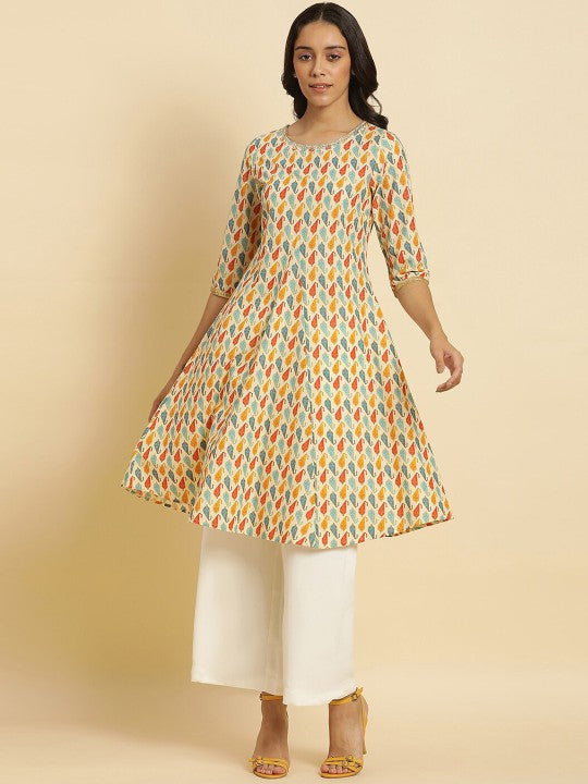 W Ethnic Motifs Printed Thread Work Pure Cotton A-Line Kurta