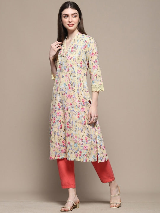 Biba Floral Printed Pure Cotton Lace Straight Kurta
