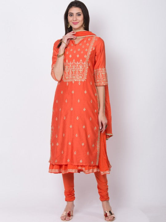 Biba Women Orange Embroidered Layered Kurta Set