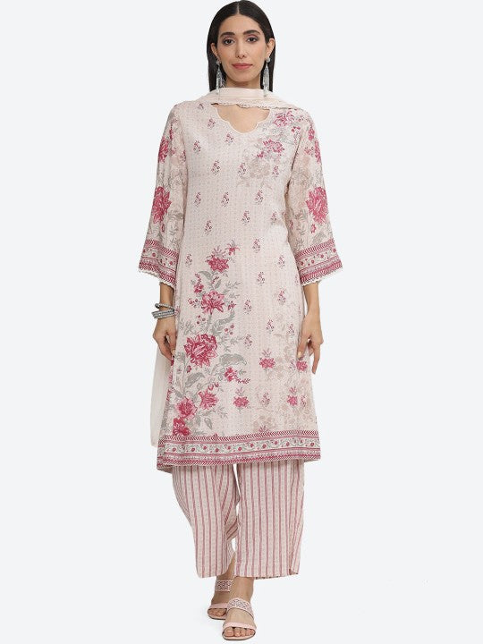 Biba Floral Printed Thread Work Kurta with Palazzos & Dupatta