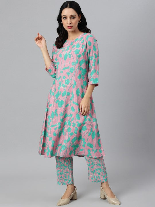 W Women Purple Floral Printed Kurta with Trousers