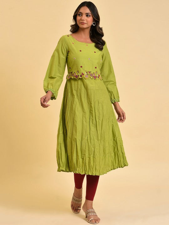 W Floral Embroidered Puff Sleeves A-Line Pure Cotton Kurta