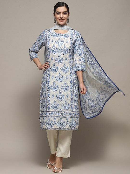 Biba Floral Printed Pure Cotton Kurta With Palazzo & Dupatta