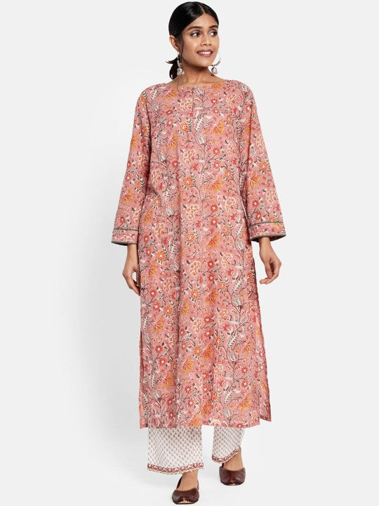 Fabindia Women Pink & White Ethnic Motifs Printed Keyhole Neck Cotton Kurta