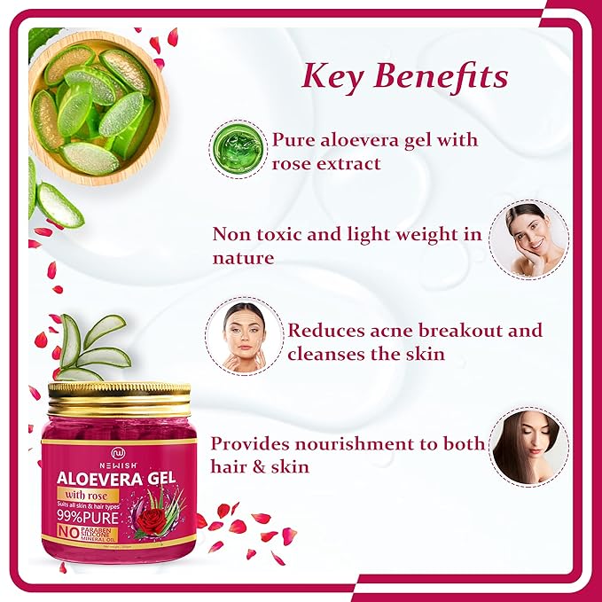 Newish Pure Aloe Vera Gel with Rose for Face & Skin Care - 200 gms