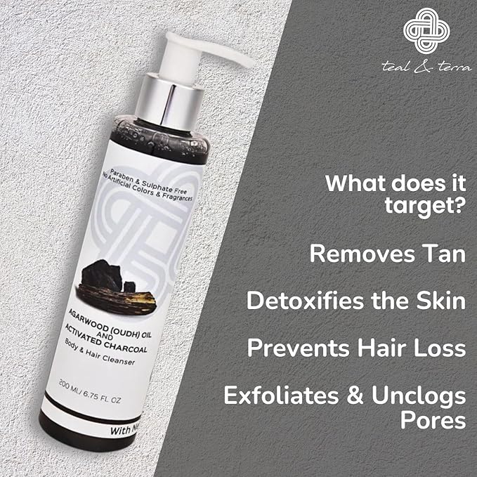 Teal & Terra Agarwood Oil and Activated Charcoal Body and Hair Cleanser - 200 Ml