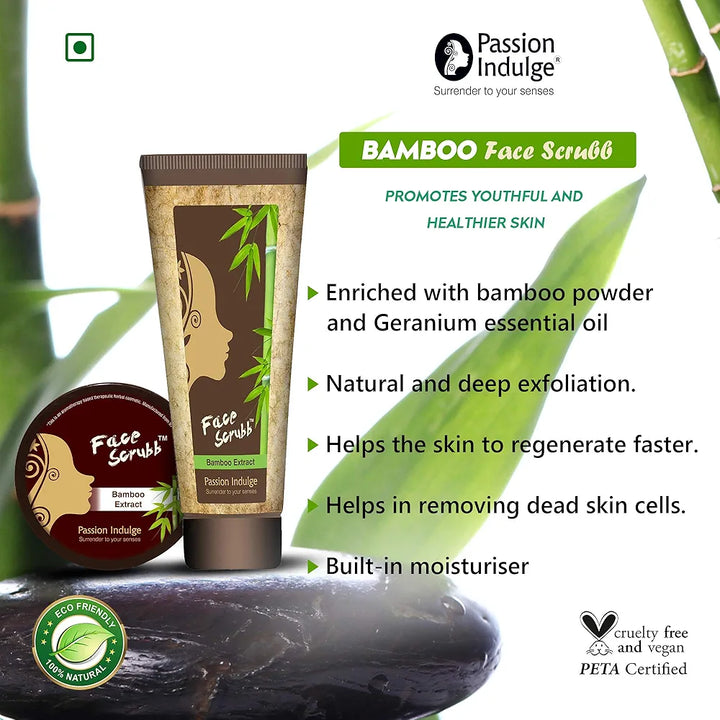 Passion Indulge Bamboo Face Scrub for Dirt, Blackheads and Acne Removal - 200gm | Remove Dead Skin Cells | Tan Removal | Glowing Skin | Deep Pore Cleansing | All Skin Types | Paraben & Sulphate Free | Vegan | Peta Certified