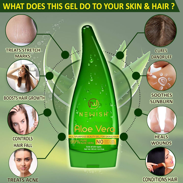 Newish Pure Aloe Vera Gel for Face Skin & Hair - 130 ml (Pack of 2)