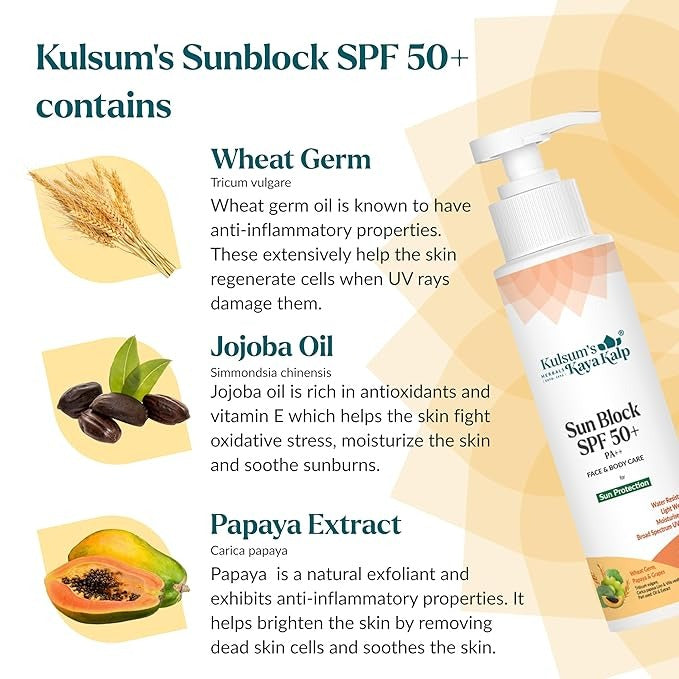 Kulsum's Kaya Kalp Herbals Sun Block SPF 50+ With Wheat Germ Papaya & Grapes - 100 ml