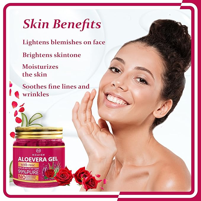 Newish Pure Aloe Vera Gel with Rose for Face & Skin Care - 200 gms