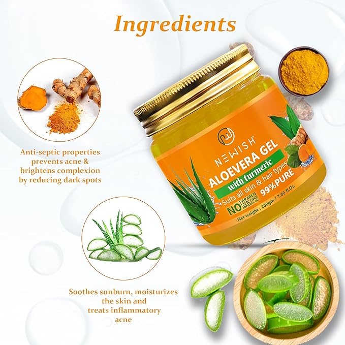 Newish Aloe Vera Gel for Face Skin & Hair with Turmeric Anti-Acne Pure Aloe Vera Gel - 200 gms