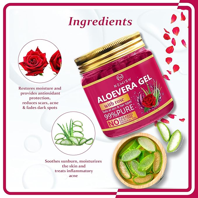 Newish Pure Aloe Vera Gel with Rose for Face & Skin Care - 200 gms