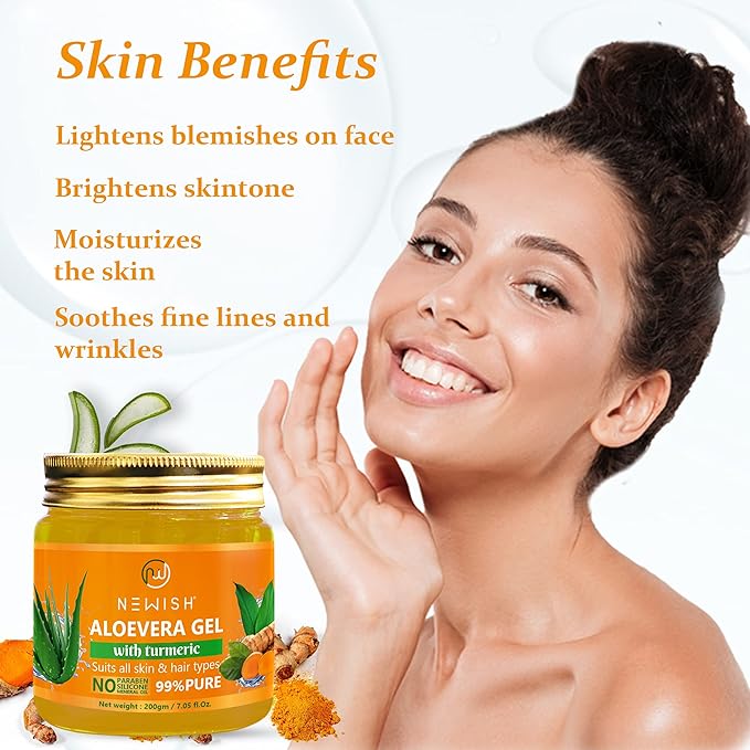 Newish Aloe Vera Gel for Face Skin & Hair with Turmeric Anti-Acne Pure Aloe Vera Gel - 200 gms