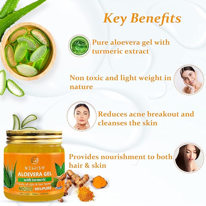 Newish Aloe Vera Gel for Face Skin & Hair with Turmeric Anti-Acne Pure Aloe Vera Gel - 200 gms
