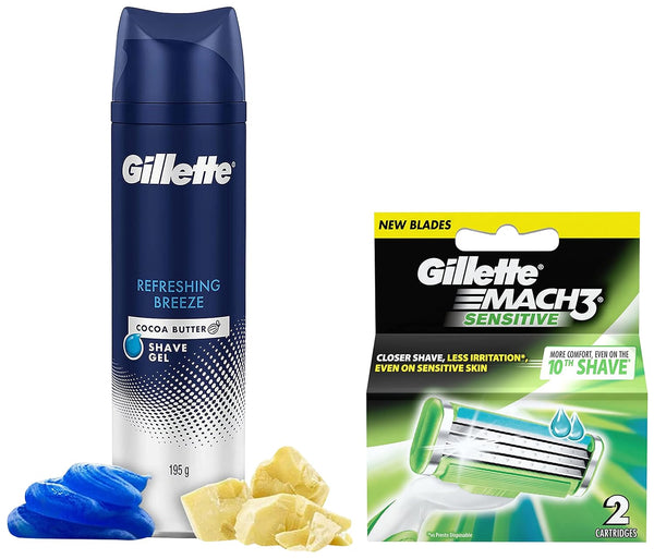 Gillette Mach 3 Sensitive Manual Shaving Razor Blades & Shaving Gel Refreshing Breeze