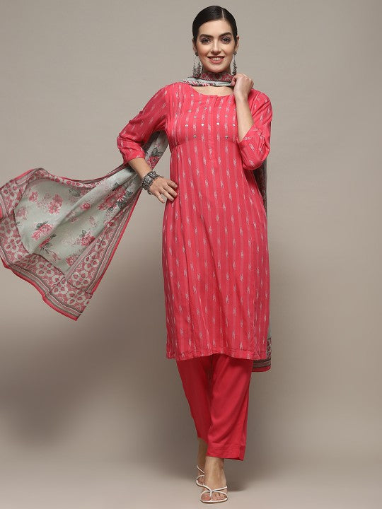 Biba Printed Round Neck Pleated Regular Kurta with Trousers & Dupatta