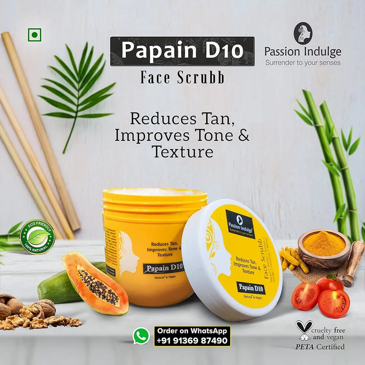 Passion Indulge Natural Papain D10 Face Scrub | Reduces Tan | Improves Tone & Texture| Remove Dead Skin Cells | Vegan | All Skin Types 