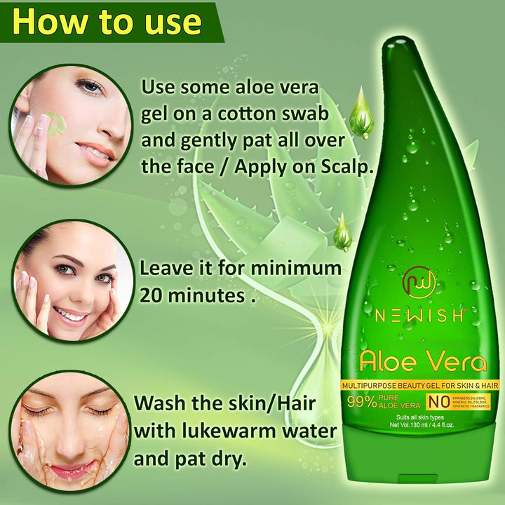 Newish Pure Aloe Vera Gel for Face Skin & Hair - 130 ml (Pack of 2)