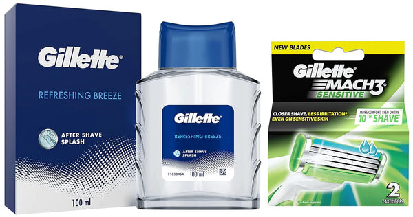 Gillette After Shave Splash Refreshing Breeze  & Mach 3 Sensitive Manual Shaving Razor Blades