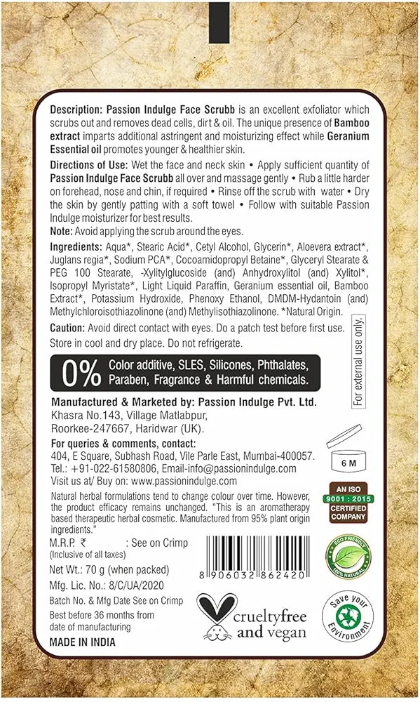 Passion Indulge Bamboo Face Scrub for Dirt, Blackheads and Acne Removal - 60gm