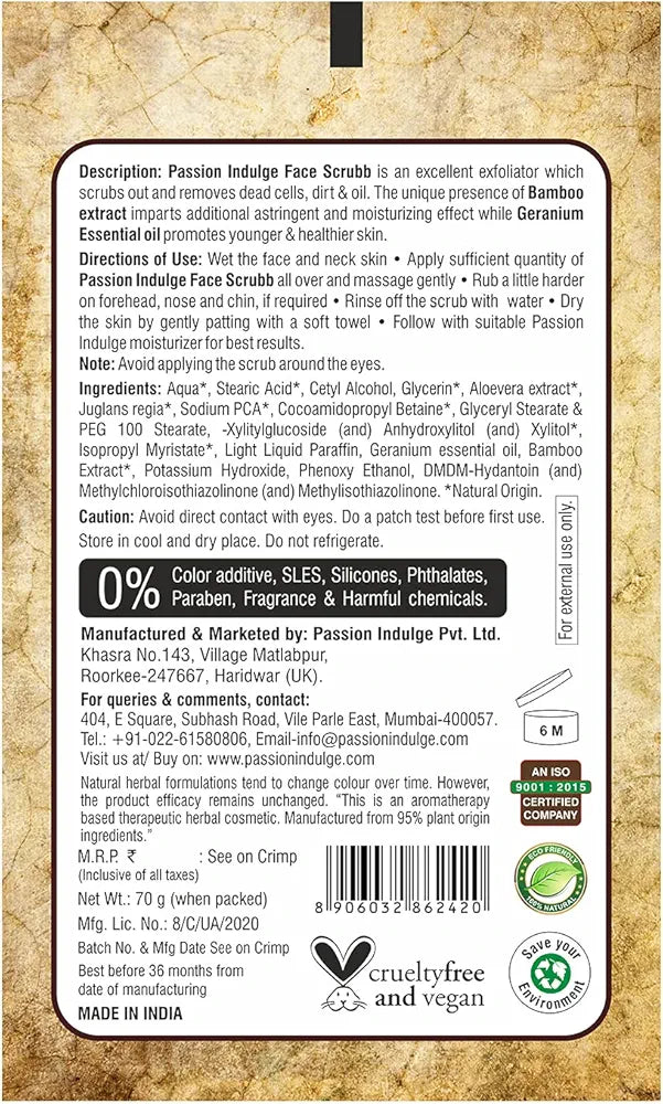 Passion Indulge Bamboo Face Scrub for Dirt, Blackheads and Acne Removal - 60gm | Remove Dead Skin Cells | Tan Removal | Glowing Skin | Deep Pore Cleansing | All Skin Types | Paraben & Sulphate Free | Vegan | Peta Certified.