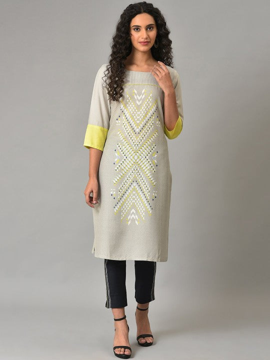 W Geometric Printed Boat Neck Straight Kurta